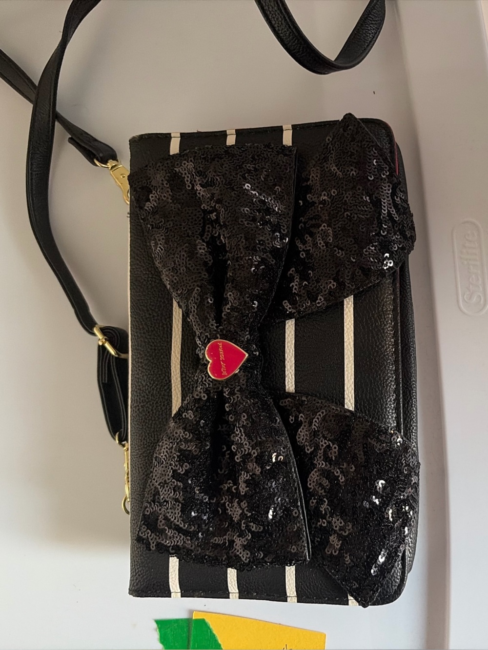 Betsey Johnson Black Sequin Bow Crossbody with Heart Charm